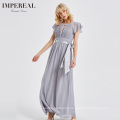 Simple design O neck chiffon lady maxi elegant dress with belt dresses evening long